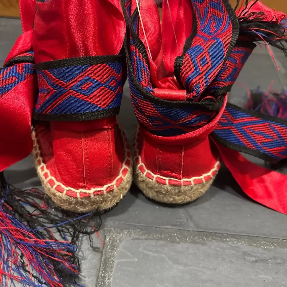 Free People Maya Red Leather Espadrille with Ribbon Ankle Ties - size 39, US 8.5